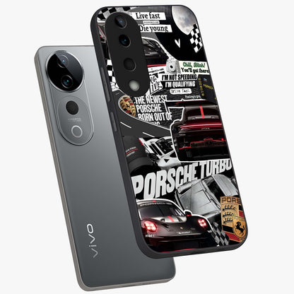 Porsche Racing Collage Glass Case displayed in angled mockup highlighting dynamic automotive design with bold racing aesthetic.