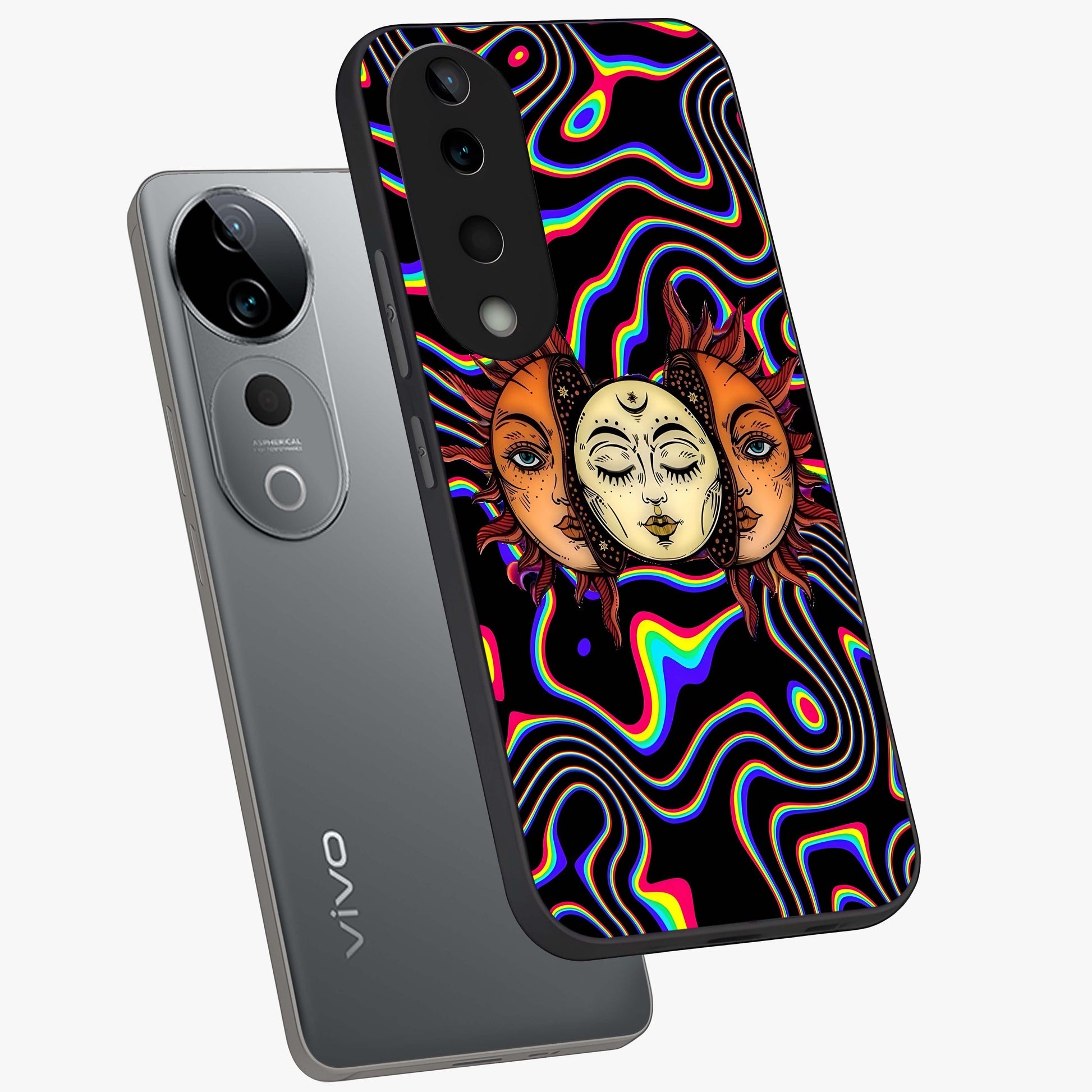 Psychedelic Sun Glass Case displayed in angled mockup highlighting vibrant abstract sun design with artistic aesthetic style.