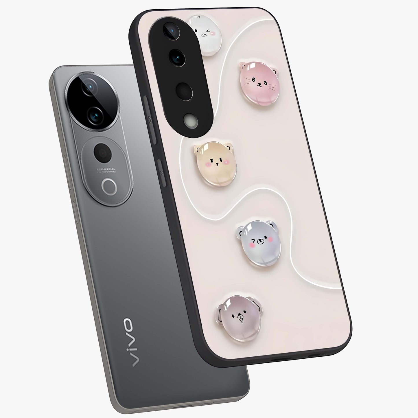 Puffy Face Parade Glass Case displayed in angled mockup highlighting playful cartoon face design with fun aesthetic.