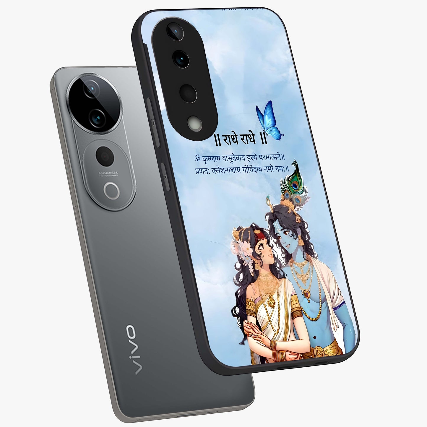 Radha Krishna Eternal Glass Case displayed in angled mockup highlighting divine Radha Krishna illustration with spiritual aesthetic.