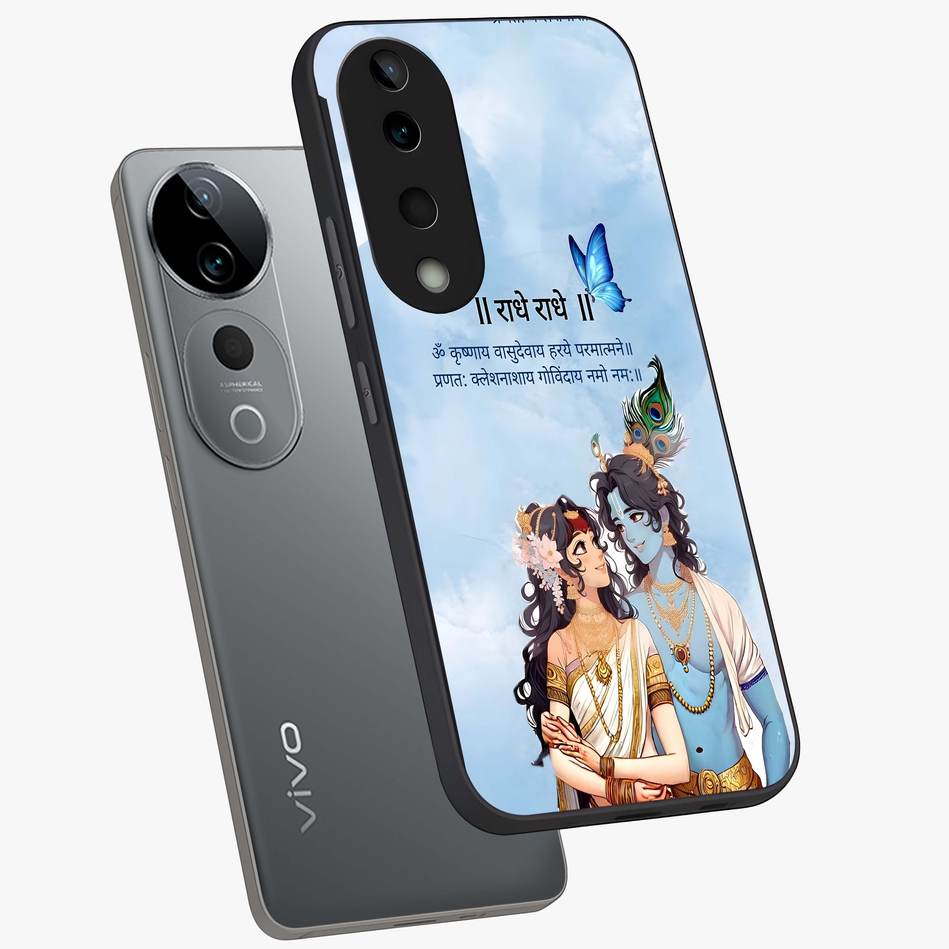 Radha Krishna Eternal Glass Case displayed in angled mockup highlighting divine Radha Krishna illustration with spiritual aesthetic.