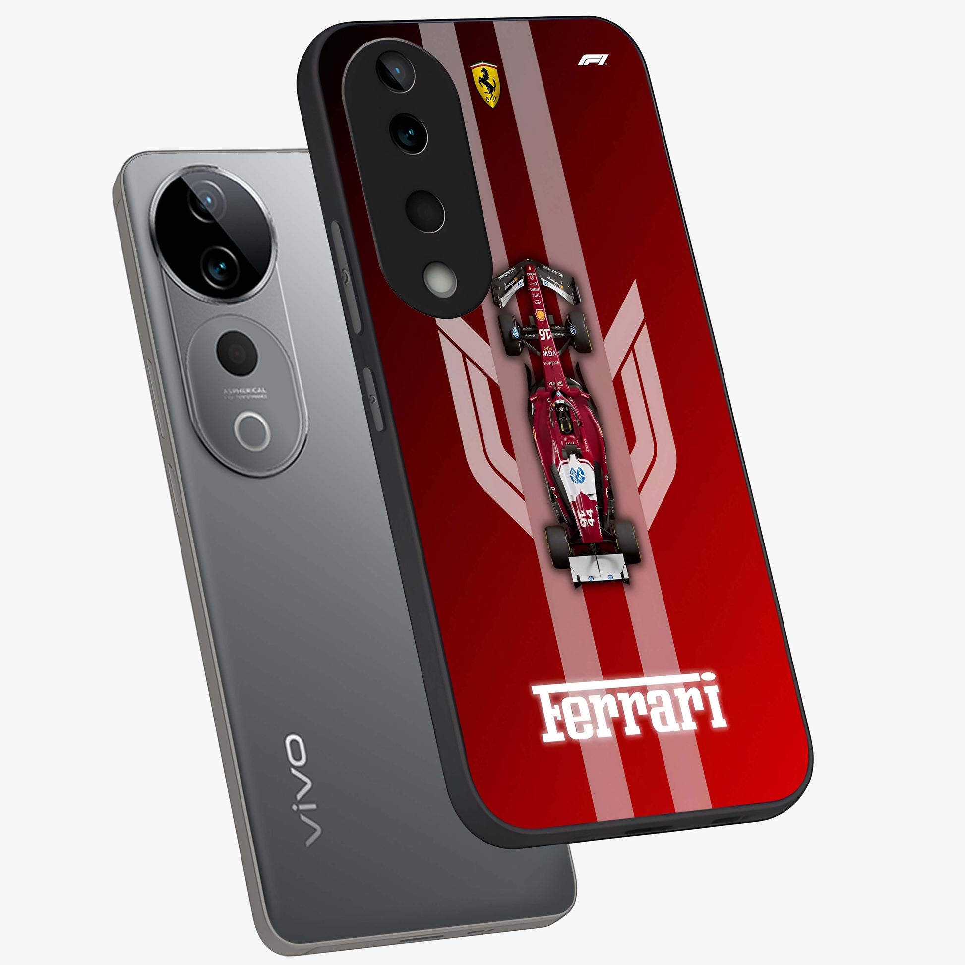 Red Ferrari F1 Vertical Glass Case displayed in angled mockup highlighting high speed racing design with bold automotive aesthetic.