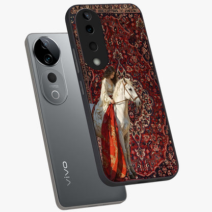 Royal Rider Tapestry Glass Case displayed in angled mockup highlighting traditional tapestry design with royal heritage aesthetic.