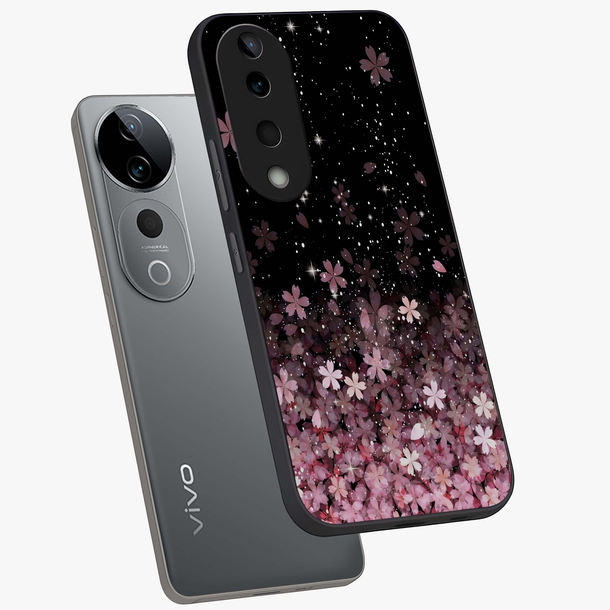 Small Starry Flowers Glass Case displayed in angled mockup highlighting tiny flower pattern with celestial aesthetic style.