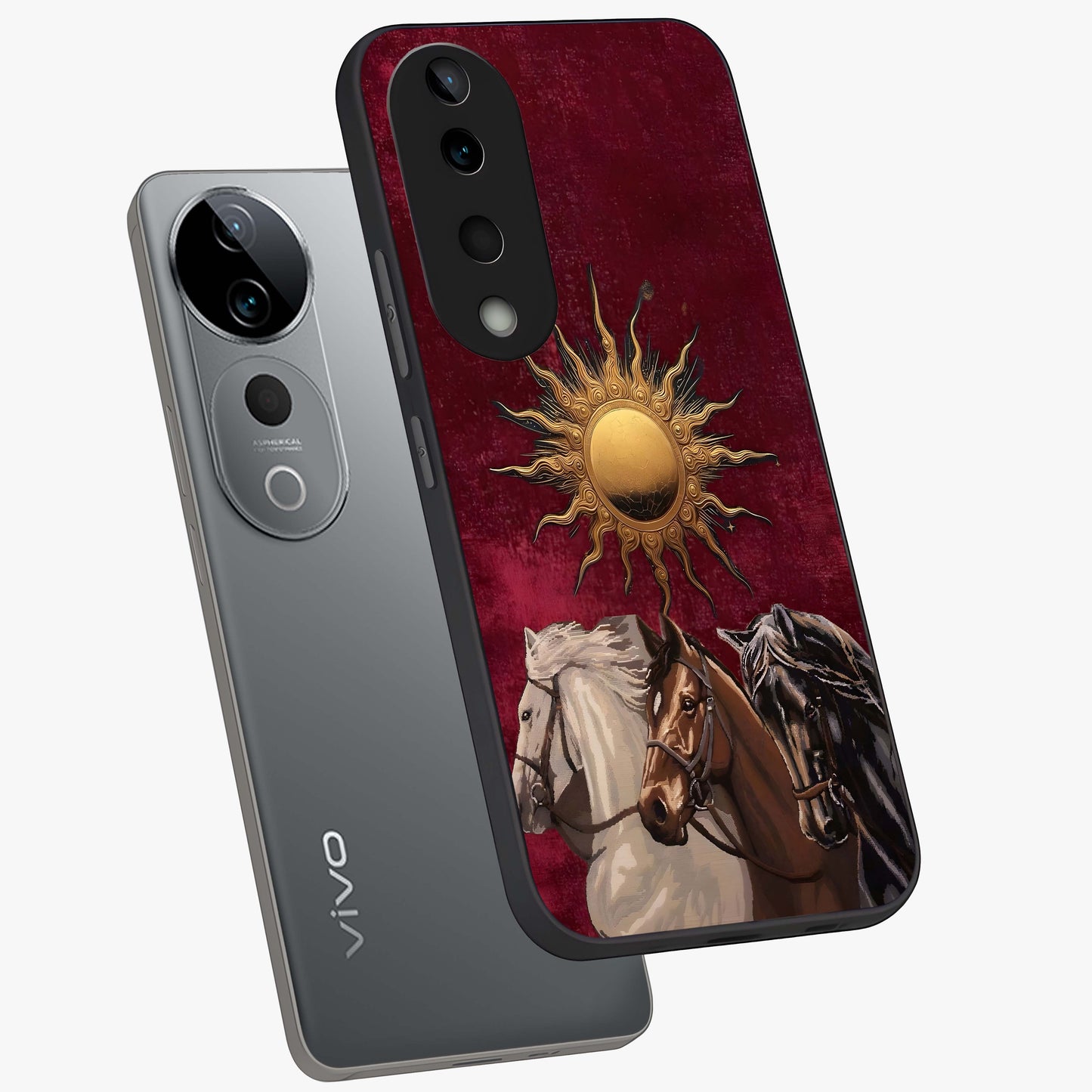 Solar Riders Glass Case displayed in angled mockup highlighting powerful rider illustration with radiant solar aesthetic.