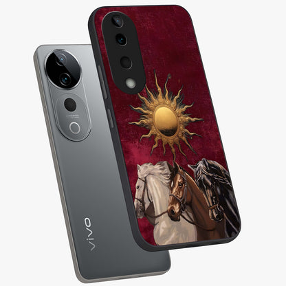 Solar Riders Glass Case displayed in angled mockup highlighting powerful rider illustration with radiant solar aesthetic.