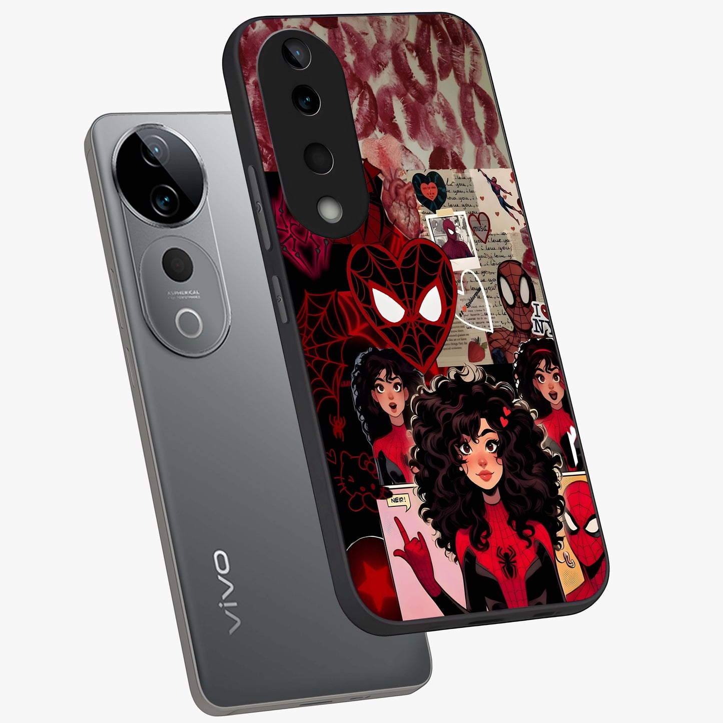 Spider Love Story Glass Case displayed in angled mockup highlighting expressive comic inspired design with playful aesthetic.