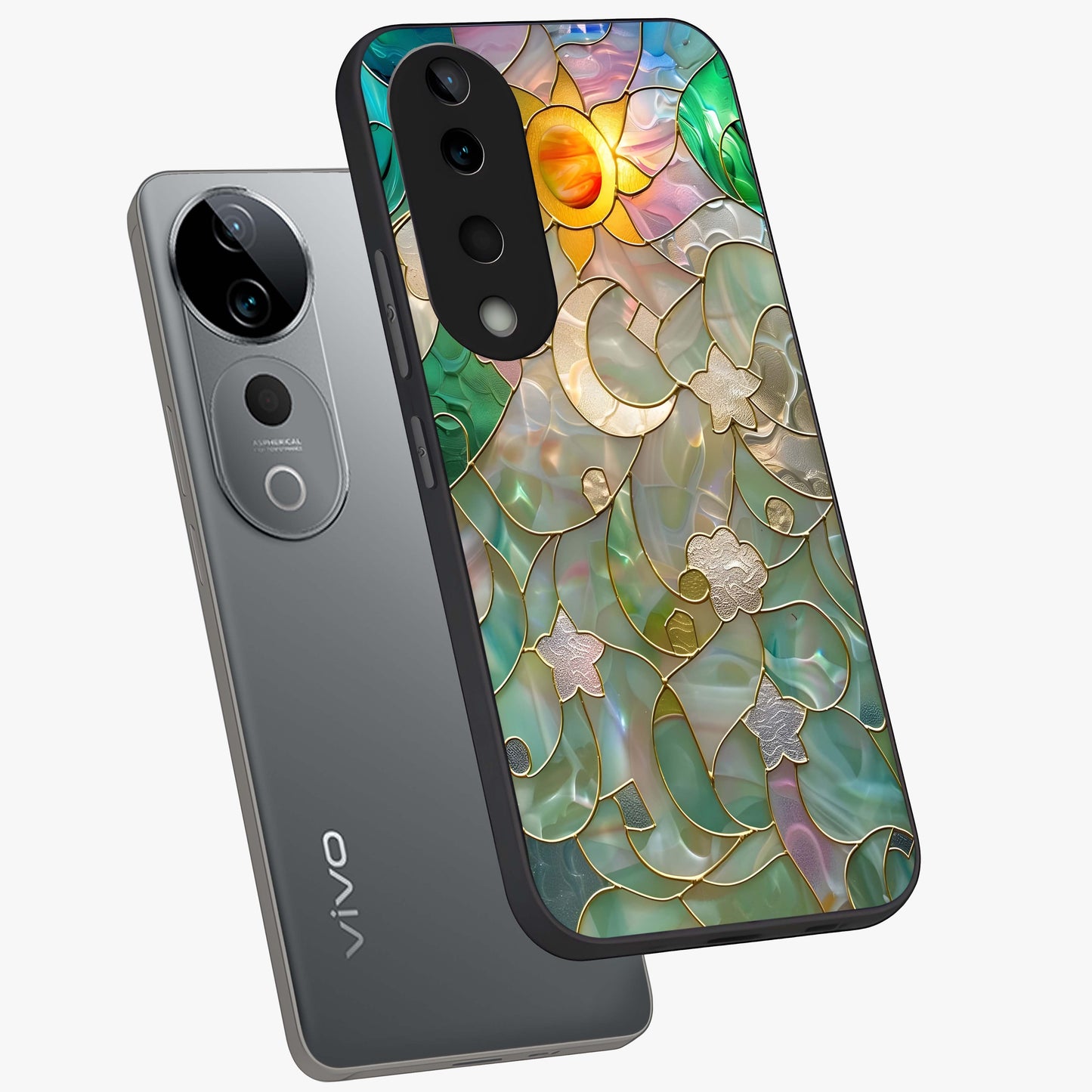 Stained Sunrise Glow Glass Case displayed in angled mockup highlighting radiant sunrise design with artistic aesthetic style.