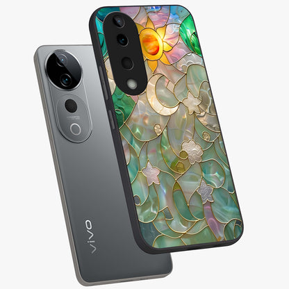 Stained Sunrise Glow Glass Case displayed in angled mockup highlighting radiant sunrise design with artistic aesthetic style.