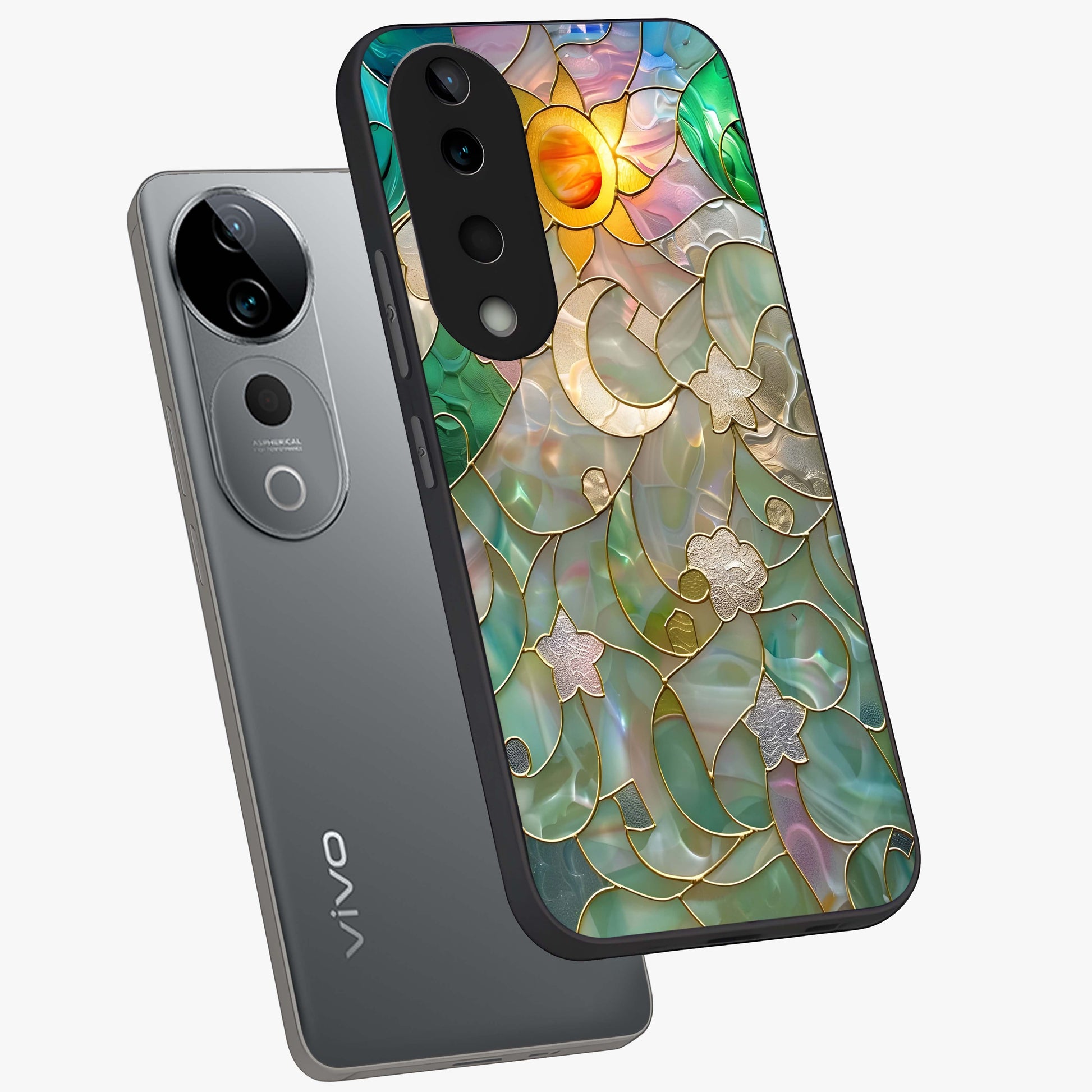 Stained Sunrise Glow Glass Case displayed in angled mockup highlighting radiant sunrise design with artistic aesthetic style.