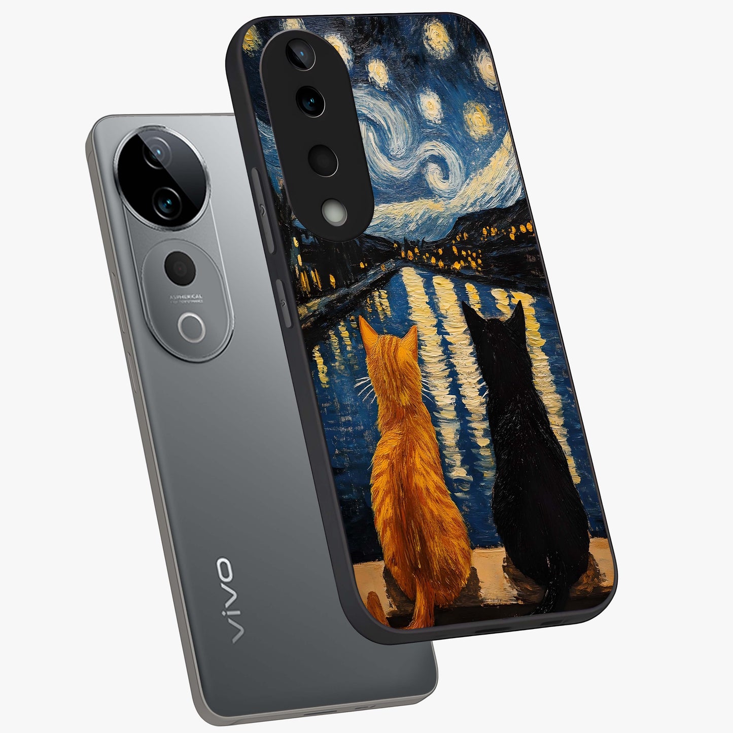 Starry River Cats Glass Case displayed in angled mockup highlighting charming feline illustration with dreamy night aesthetic.