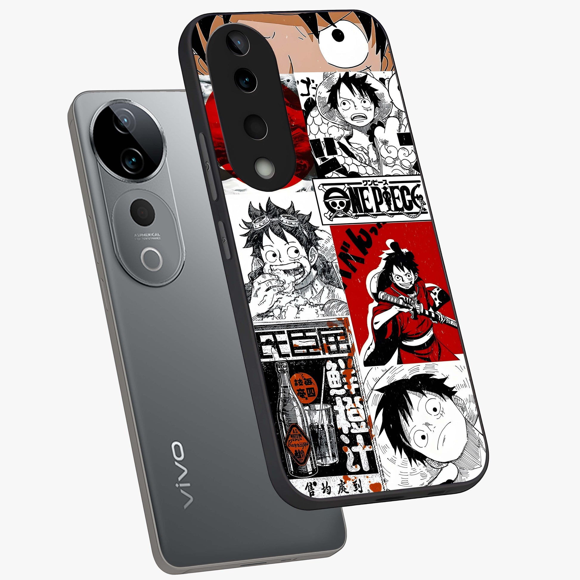 Strawhat Chaos Panels Glass Case displayed in angled mockup highlighting vibrant anime collage design with action aesthetic.