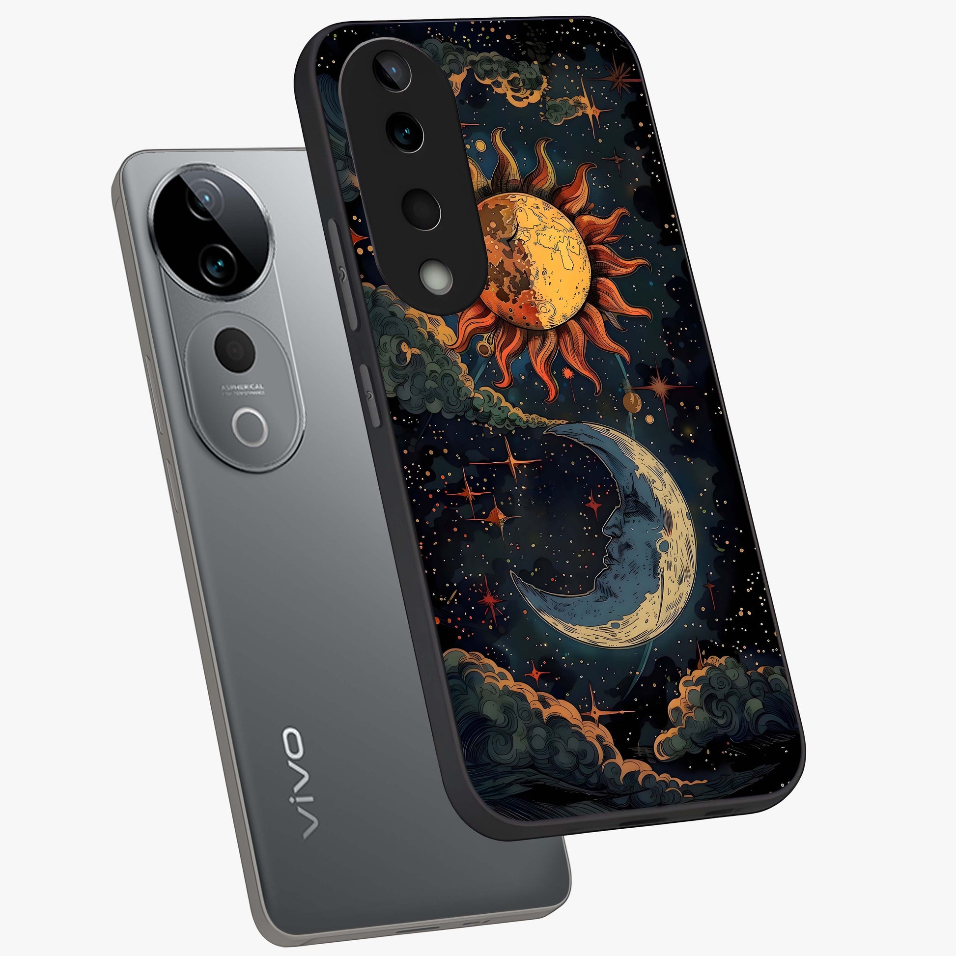 Sun And Moon Magic Design Glass Case displayed in angled mockup highlighting celestial design with magical cosmic aesthetic.