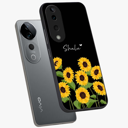 Sunflower Chic Mood Custom Name Glass Case displayed in angled mockup highlighting vibrant sunflower design with custom name feature.
