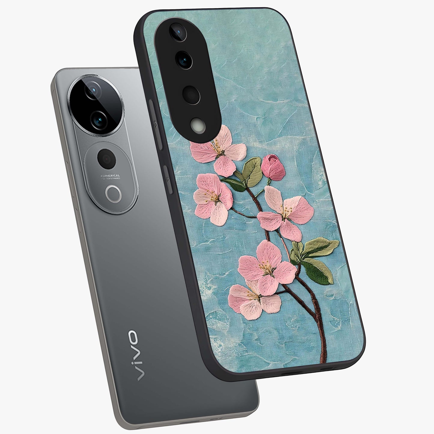 Threaded Blossom Breeze Glass Case displayed in angled mockup highlighting elegant floral design with soft aesthetic style.