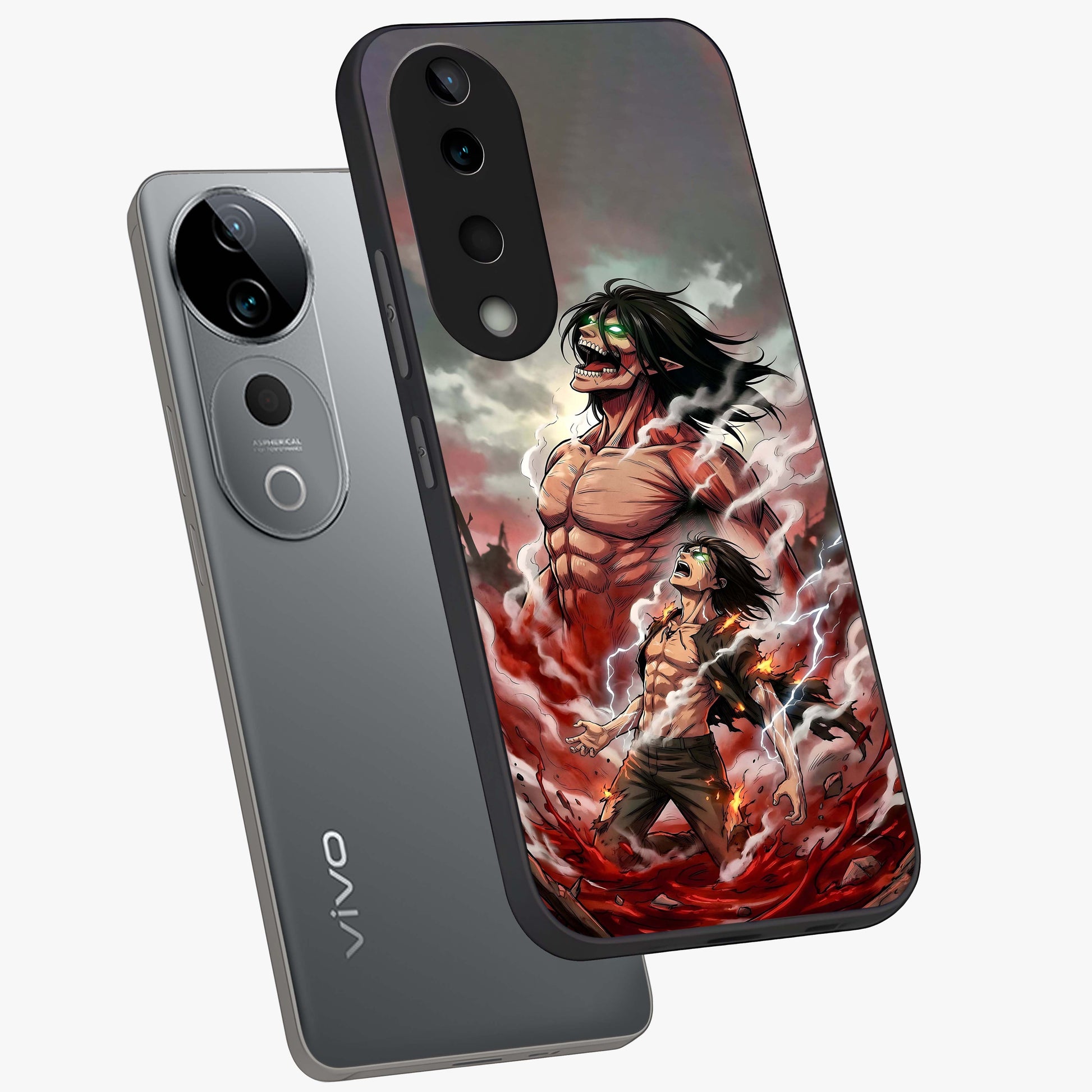 Titan Awakening Fury Glass Case displayed in angled mockup highlighting dramatic giant warrior design with bold anime aesthetic.