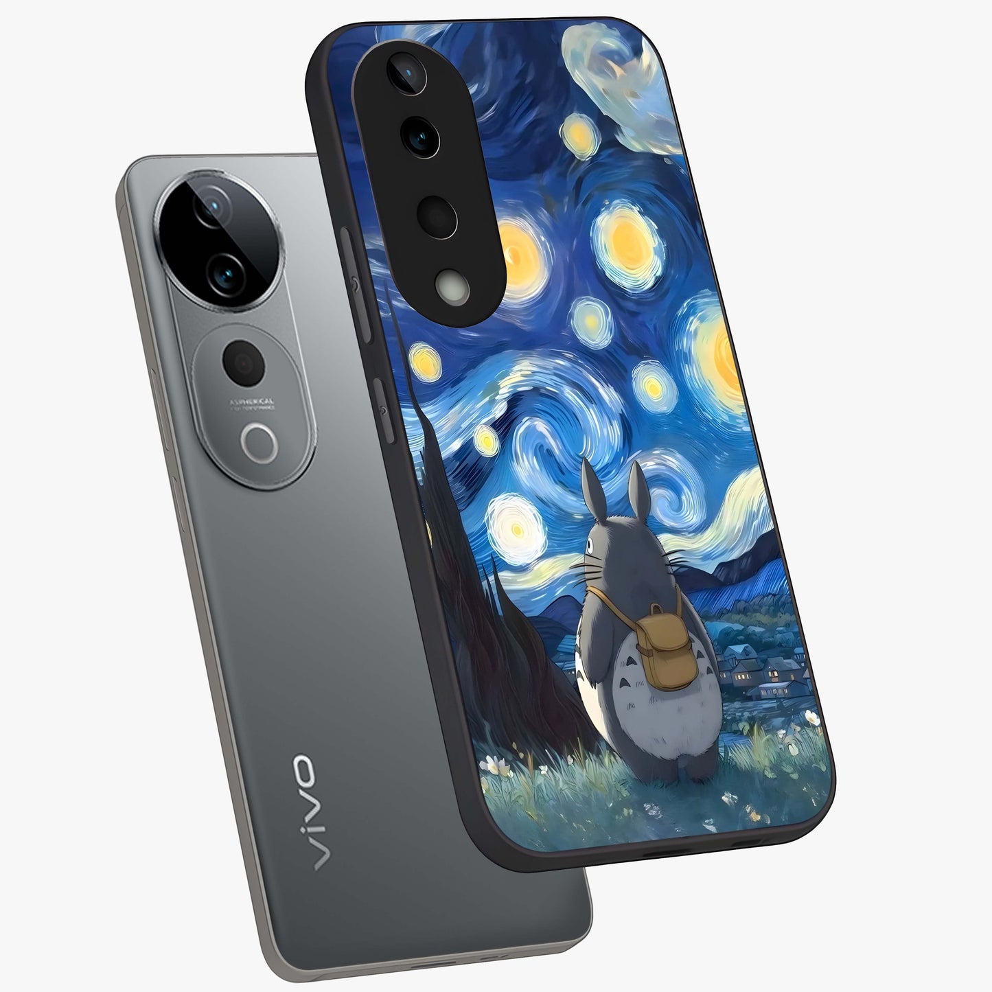 Totoro In Van Gogh Art Glass Case displayed in angled mockup highlighting artistic swirling sky design with playful animation aesthetic.