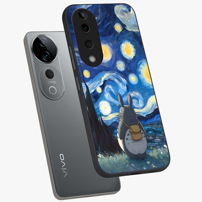 Totoro In Van Gogh Art Glass Case displayed in angled mockup highlighting artistic swirling sky design with playful animation aesthetic.