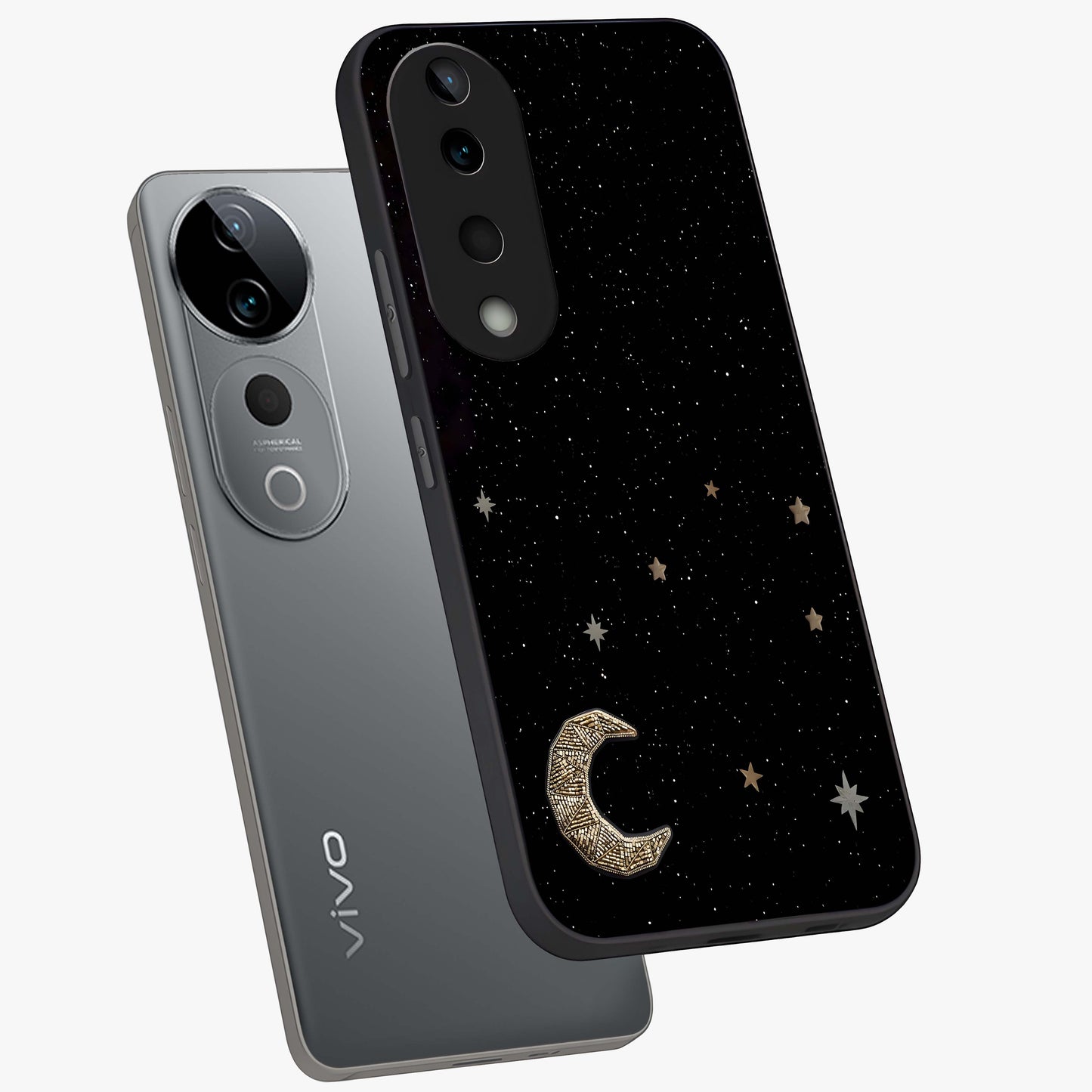 Twinkle Star With Half Moon Glass Case displayed in angled mockup highlighting celestial moon and star design with magical aesthetic.