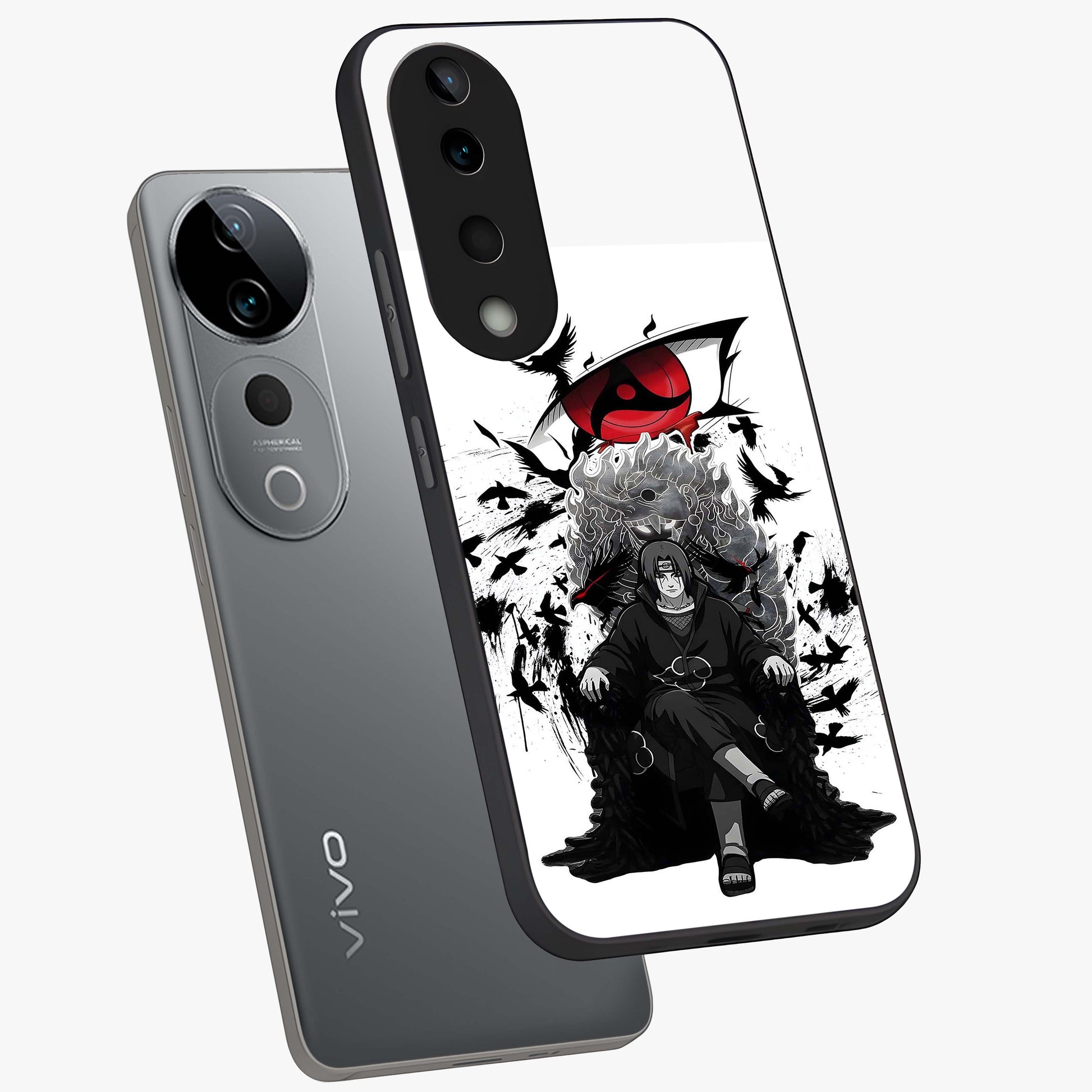 Uchiha Shadow Throne Glass Case displayed in angled mockup highlighting glowing aquatic design with celestial aesthetic.