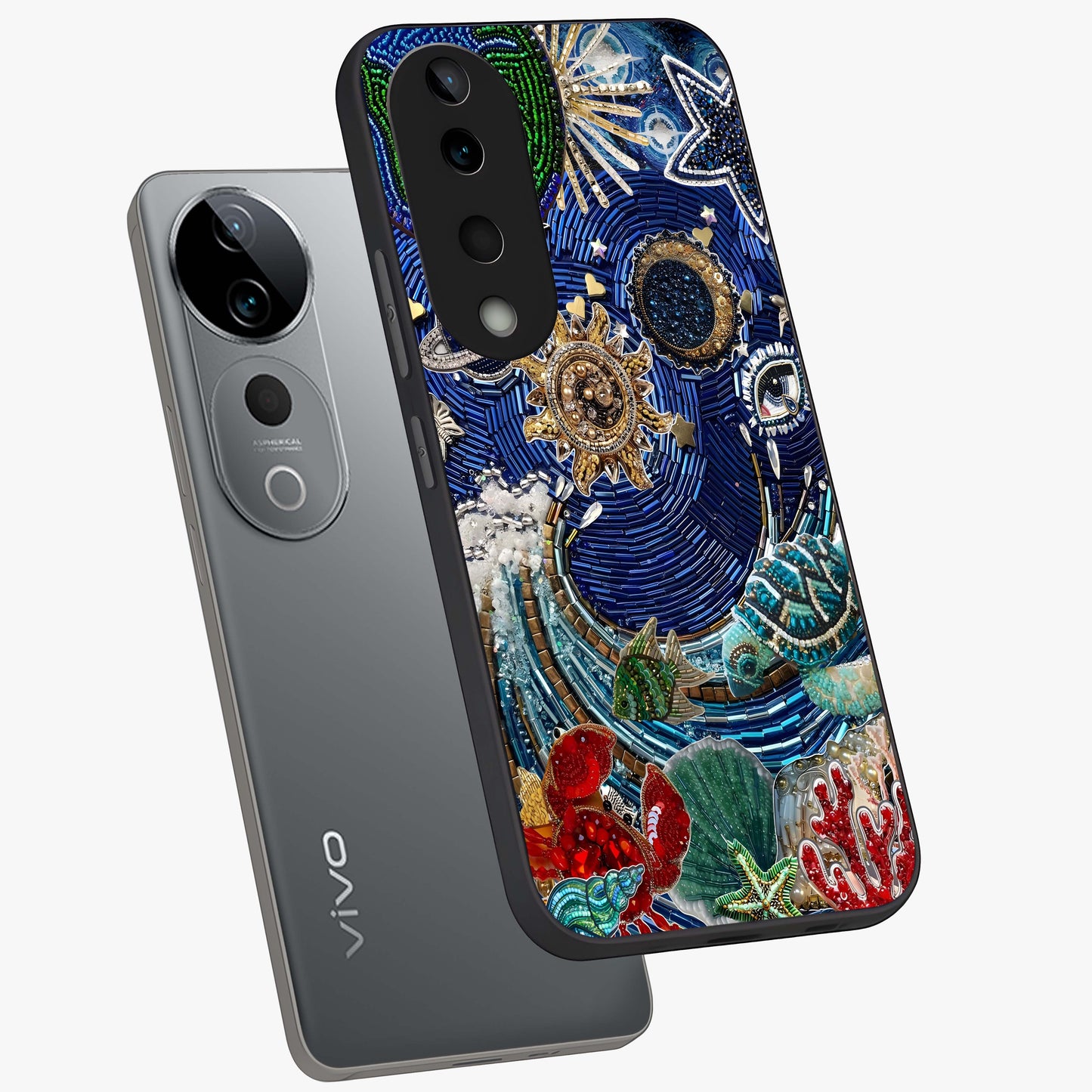 Universe Underwater Spark Glass Case displayed in angled mockup highlighting glowing aquatic design with celestial aesthetic.