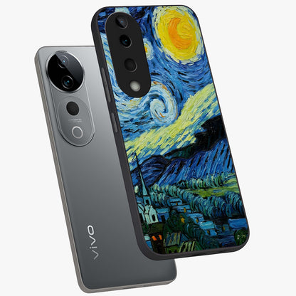 Van Gogh Art Glass Case displayed in angled mockup highlighting swirling brushstroke design with artistic aesthetic.