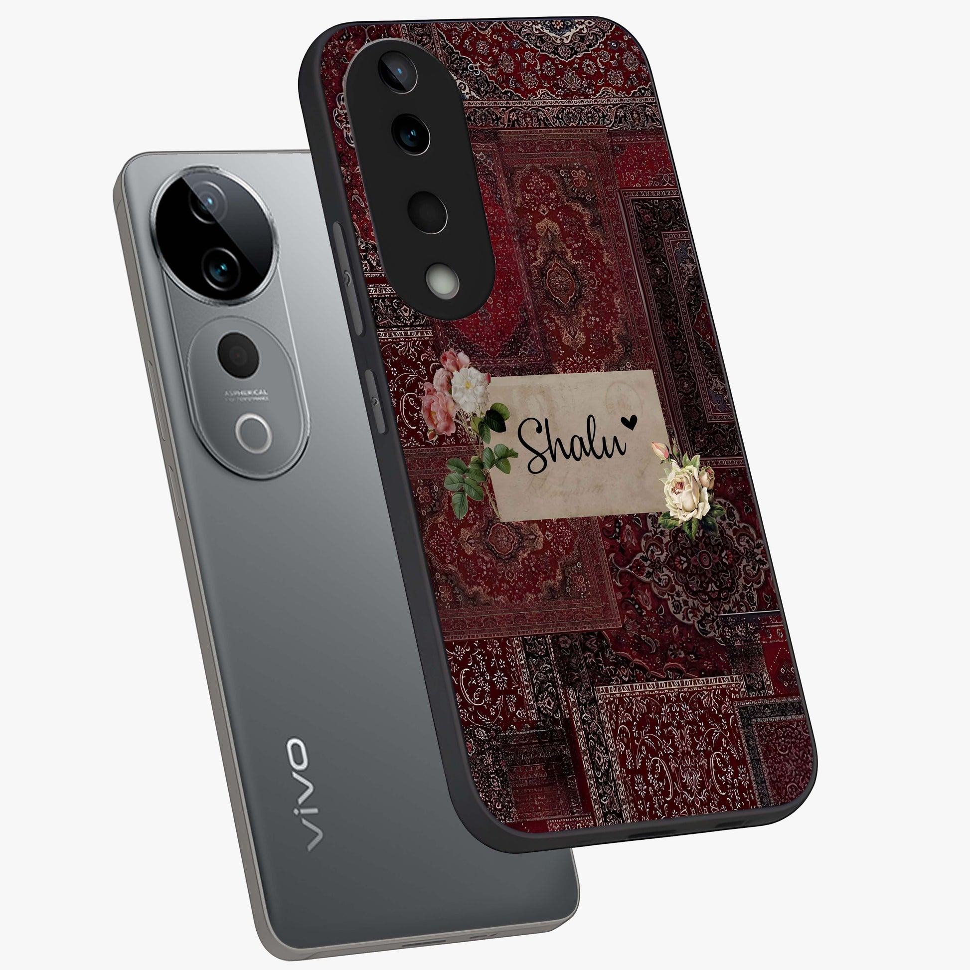 Velvet Wine Pattern Custom Name Glass Case displayed in angled mockup highlighting decorative velvet inspired design with custom name feature.