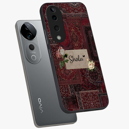 Velvet Wine Pattern Custom Name Glass Case displayed in angled mockup highlighting decorative velvet inspired design with custom name feature.