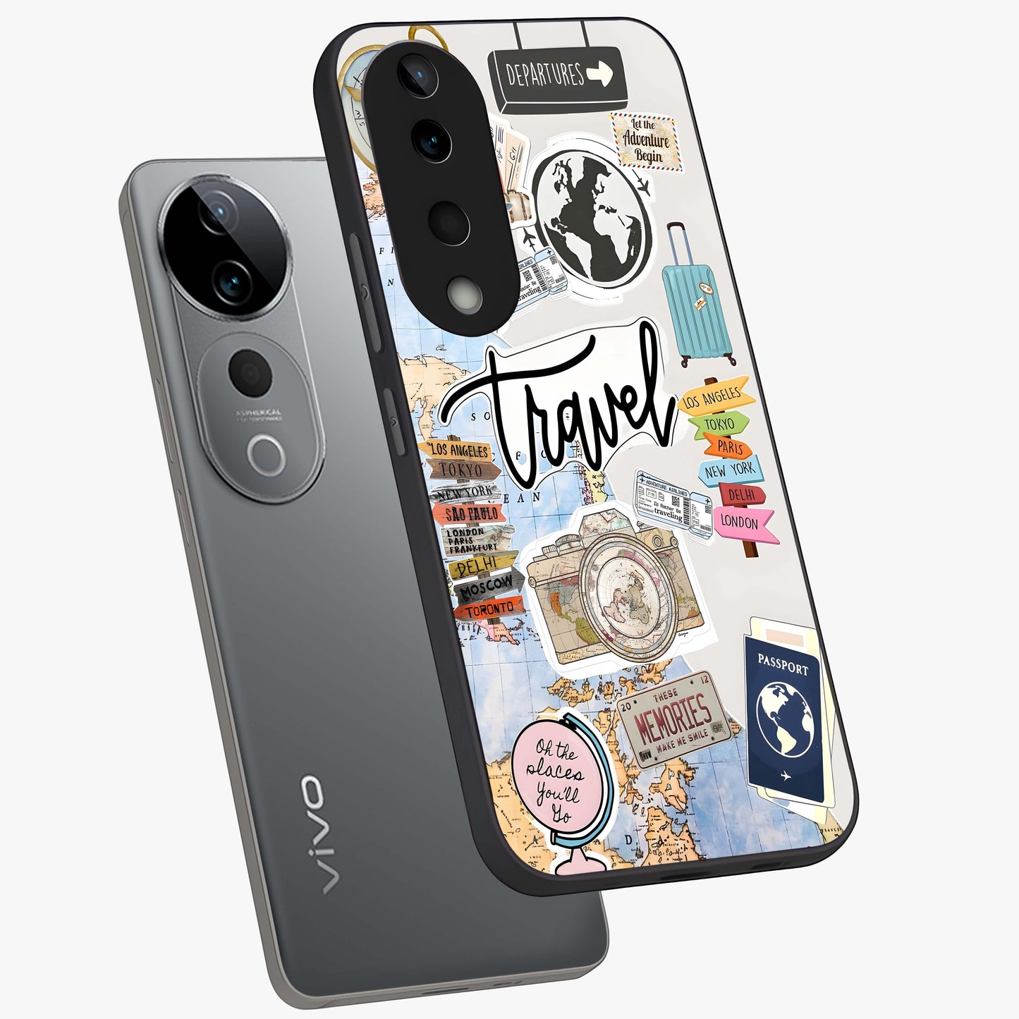 Wanderlust Journal Glass Case displayed in angled mockup highlighting adventure themed design with aesthetic travel vibe.