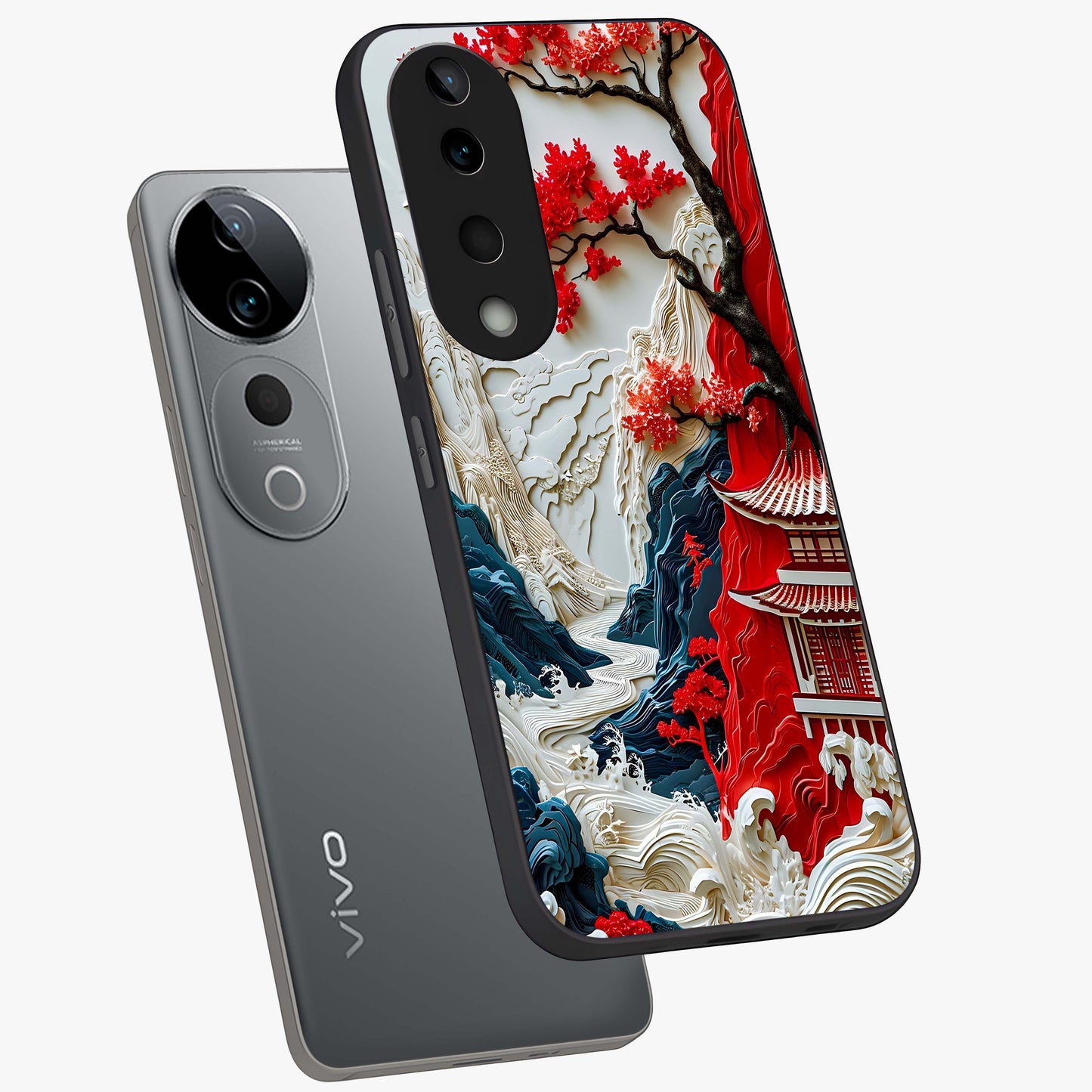 Whispers Of Sakura Waves Glass Case displayed in angled mockup highlighting flowing sakura design with soft floral aesthetic.