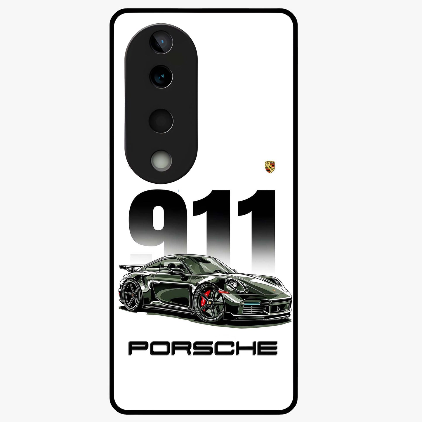 911 Turbo Dominance Glass Case showing clean flat back view with bold 911 sports car artwork and glossy glass finish.