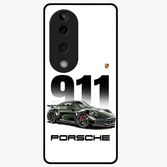 911 Turbo Dominance Glass Case showing clean flat back view with bold 911 sports car artwork and glossy glass finish.