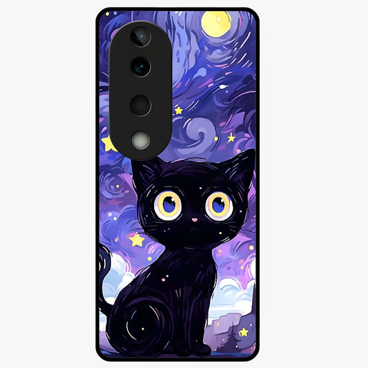 Abstract Cat Art Glass Case showing flat back view with artistic cat illustration and glossy glass finish.
