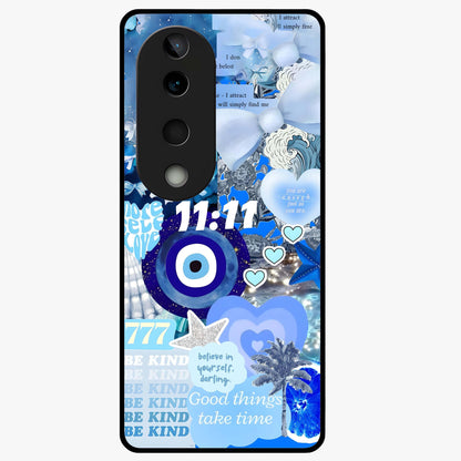Aesthetic Be Kind Eye Glass Case showing flat back view with motivational eye artwork and glossy glass finish.