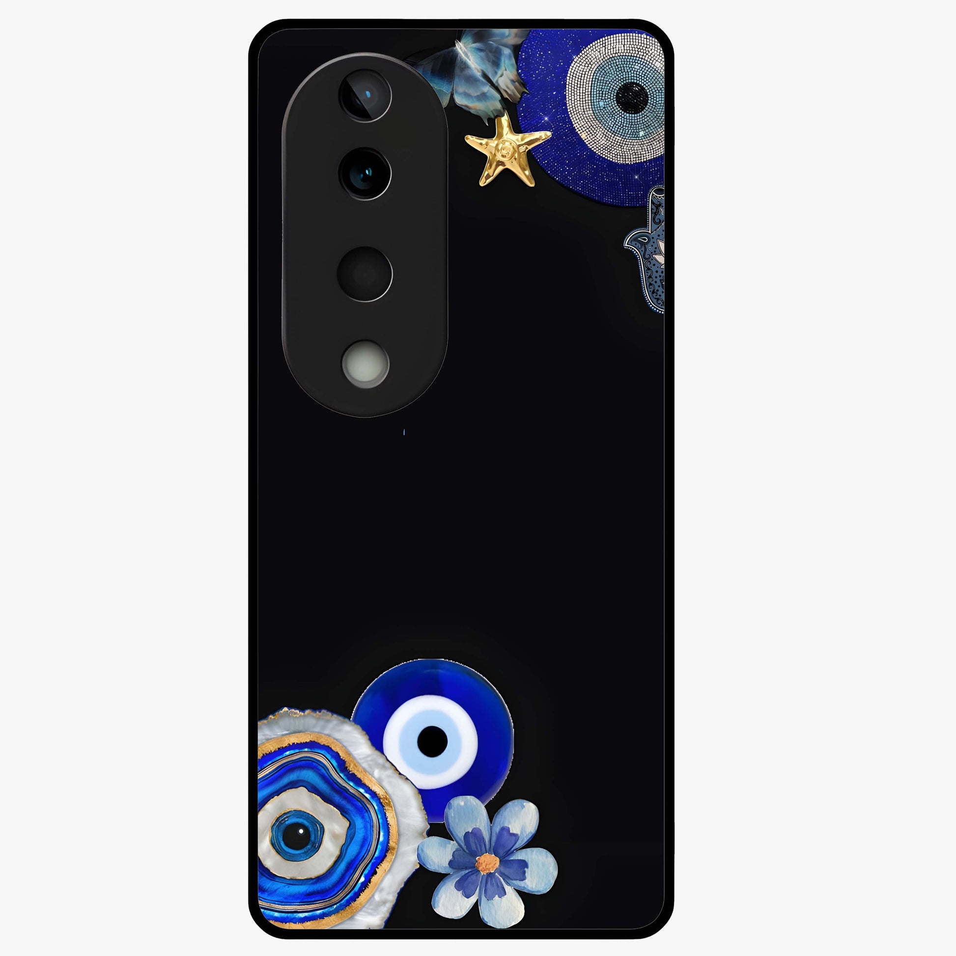 Aesthetic Blue Evil Eye Glass Case showing flat back view with protective evil eye artwork and glossy glass finish.