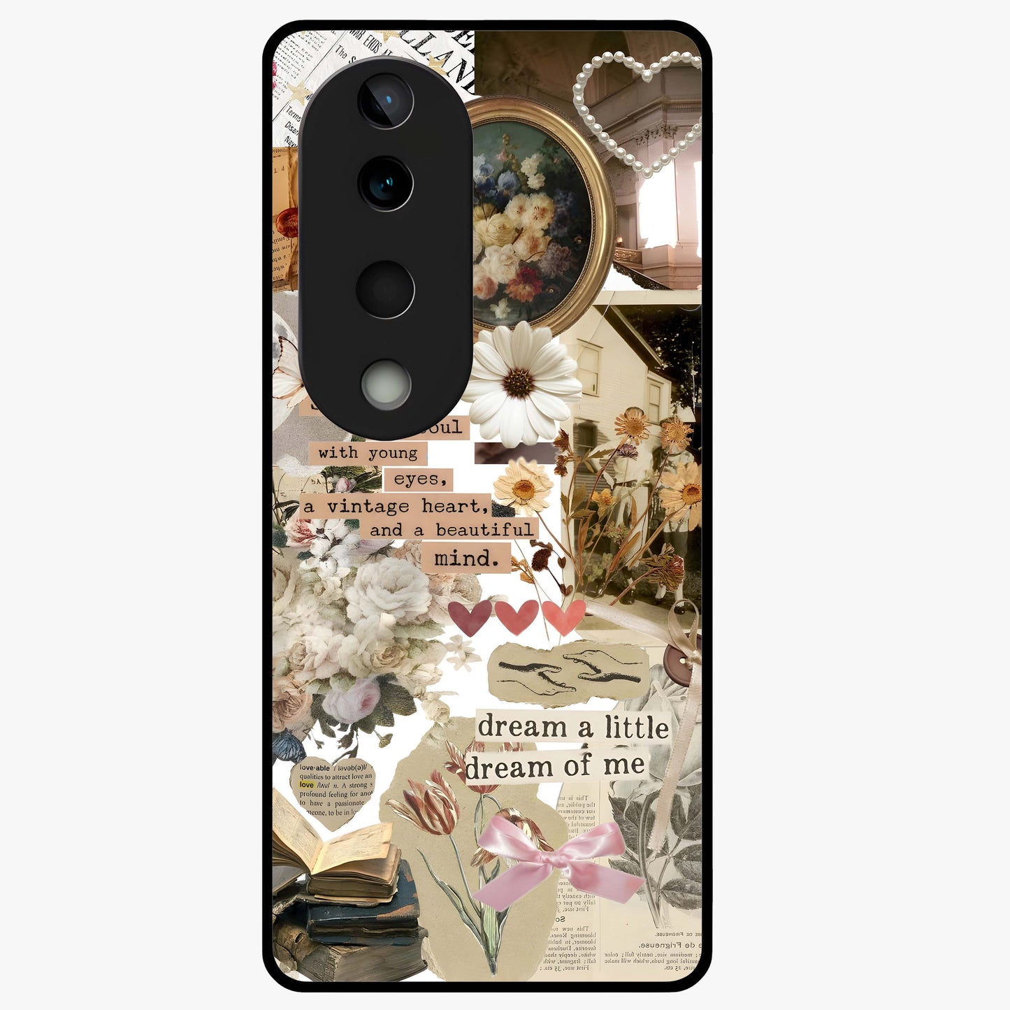 Aesthetic Brown Vintage Collage Glass Case showing flat back view with retro collage artwork and glossy glass finish.