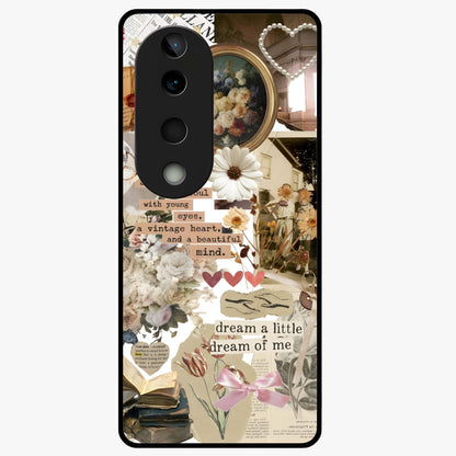 Aesthetic Brown Vintage Collage Glass Case showing flat back view with retro collage artwork and glossy glass finish.