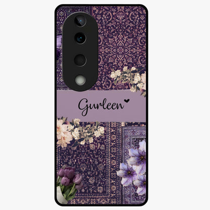 Antique Floral Whisper Custom Name Glass Case showing flat back view with vintage floral artwork and personalized name design.