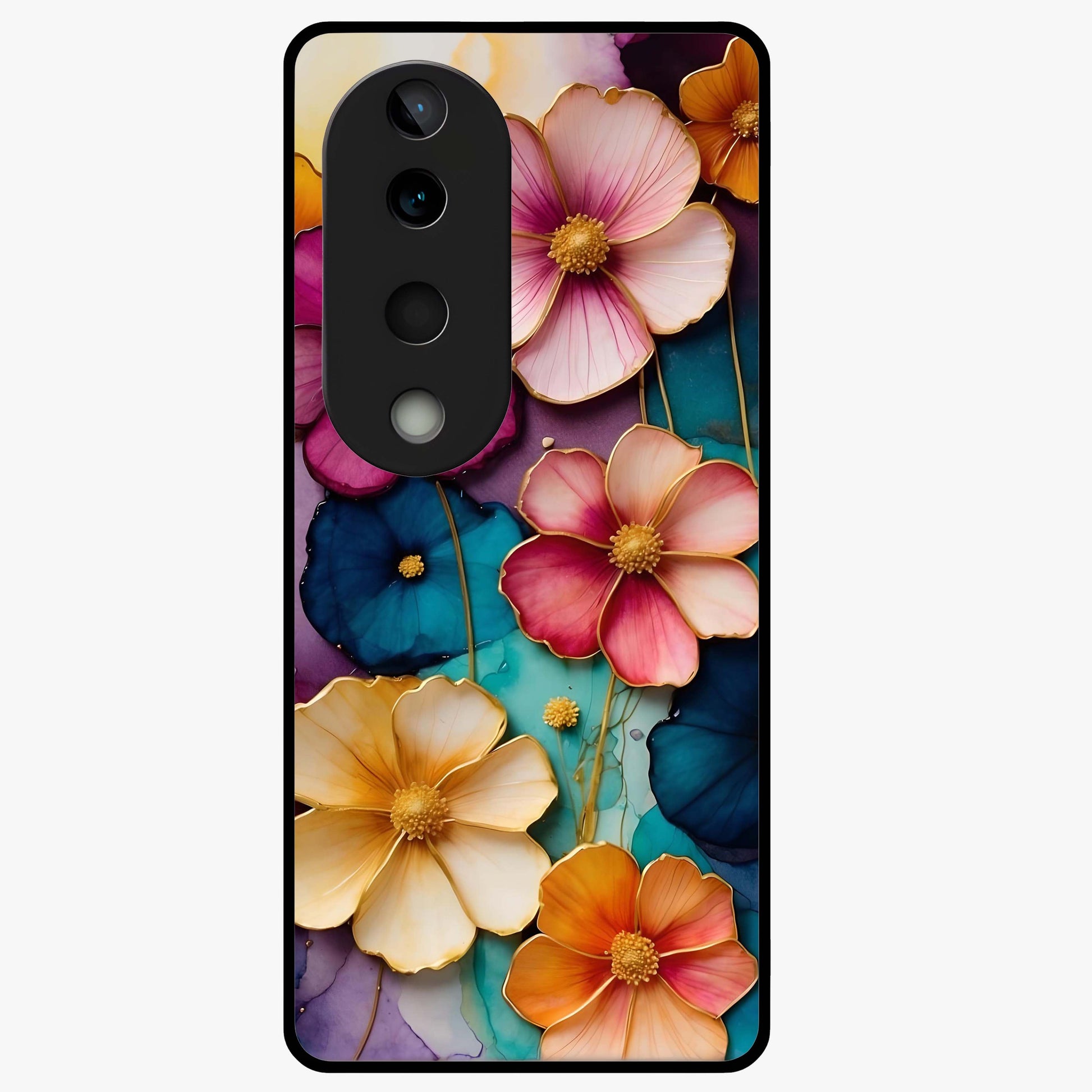 Artlyn Grace Flower Pattern Glass Case showing flat back view with elegant floral pattern artwork and glossy glass finish.