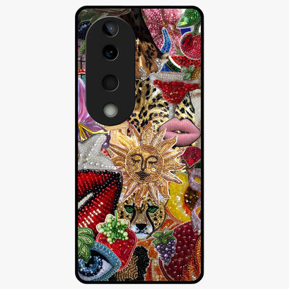Beaded Fashion Jungle Glass Case showing flat back view with vibrant jungle inspired bead artwork and glossy glass finish.
