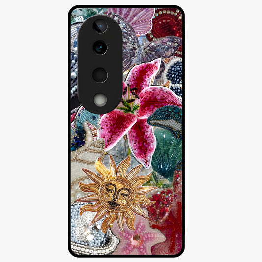 Beaded Garden Fantasy Glass Case showing flat back view with dreamy garden bead artwork and glossy glass finish.