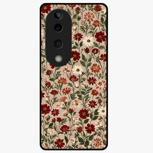 Biege Flower With Leaf Glass Case showing flat back view with soft beige floral artwork and glossy glass finish.
