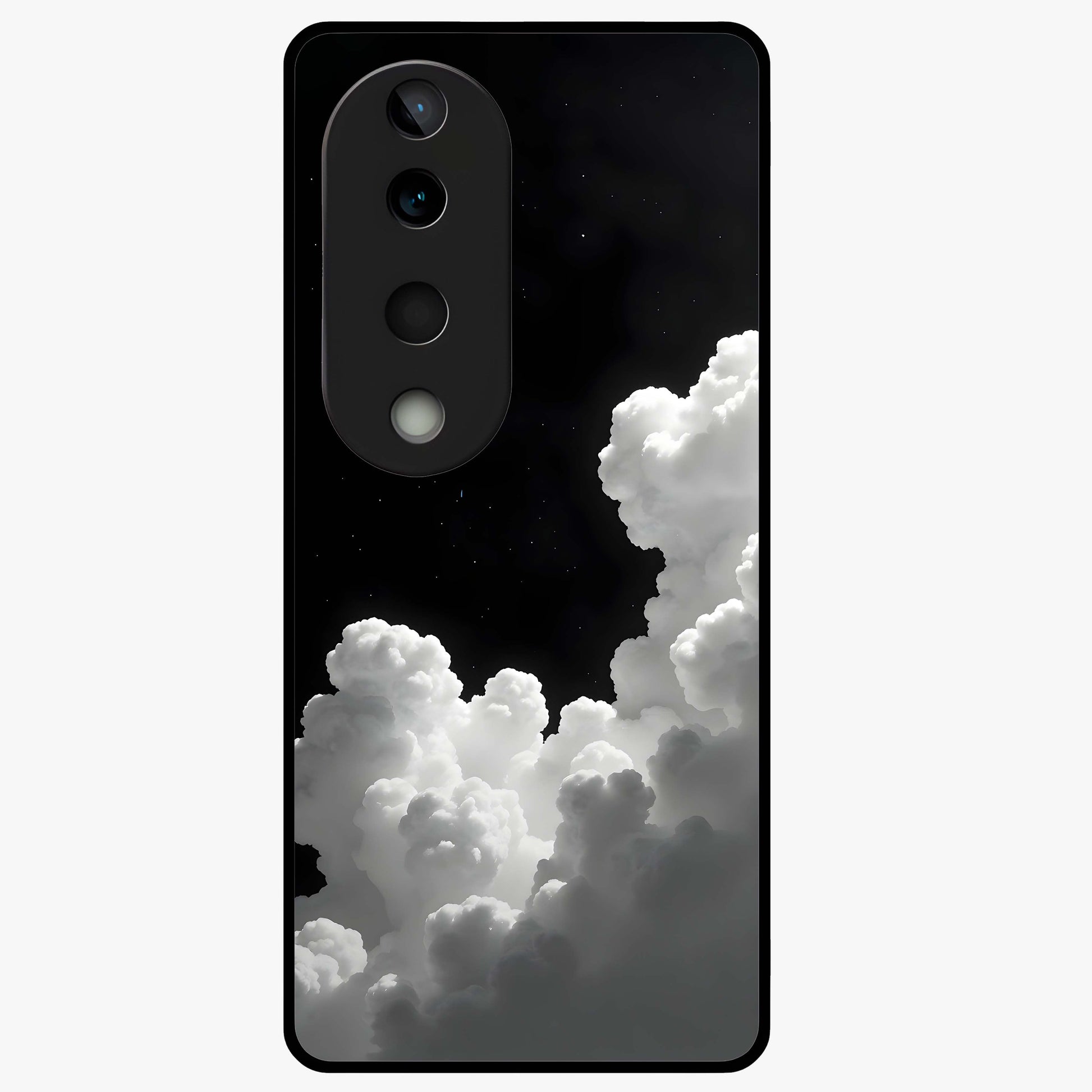 Black Background With White Cloud Glass Case showing flat back view with minimal cloud artwork on dark background and glossy glass finish.
