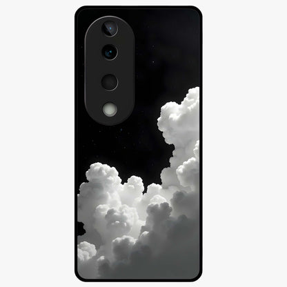Black Background With White Cloud Glass Case showing flat back view with minimal cloud artwork on dark background and glossy glass finish.