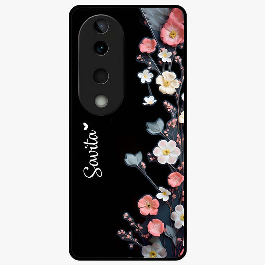 Black Elegance Floral Custom Name Glass Case showing flat back view with elegant floral artwork and personalized name design.