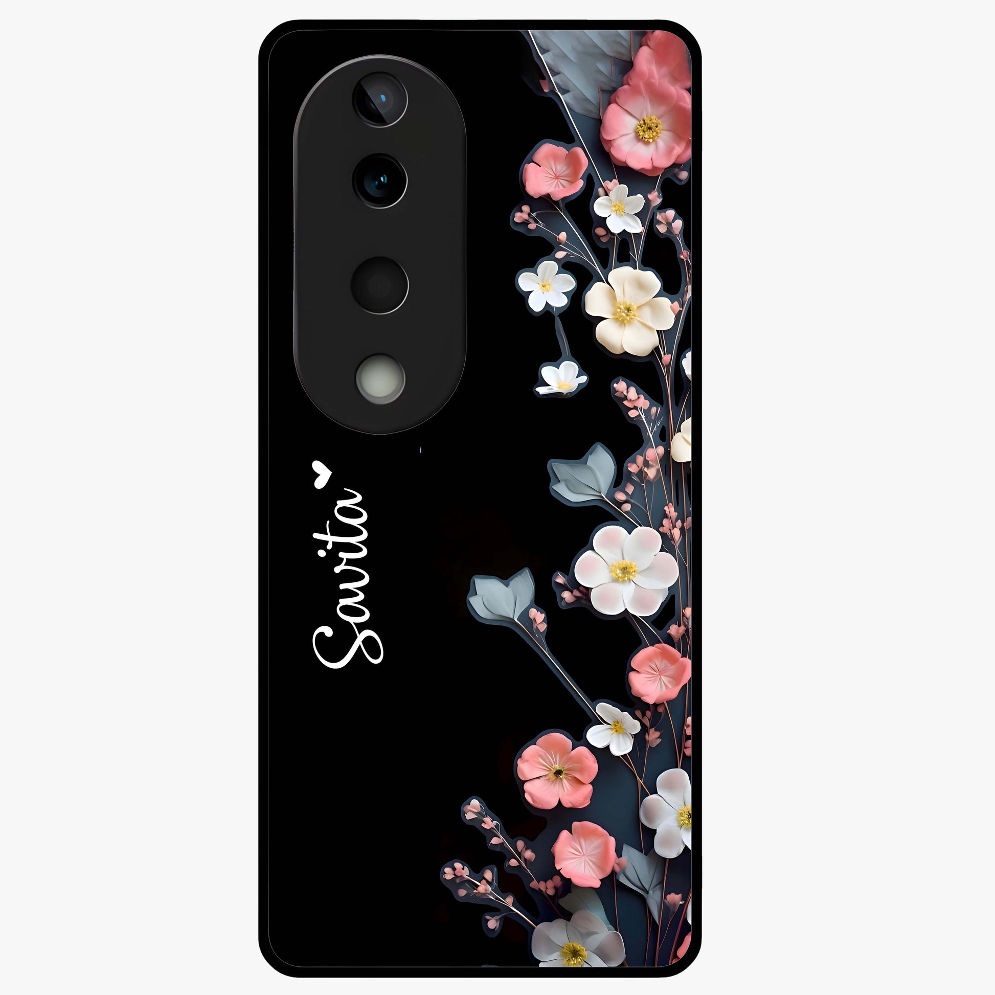 Black Elegance Floral Custom Name Glass Case showing flat back view with elegant floral artwork and personalized name design.