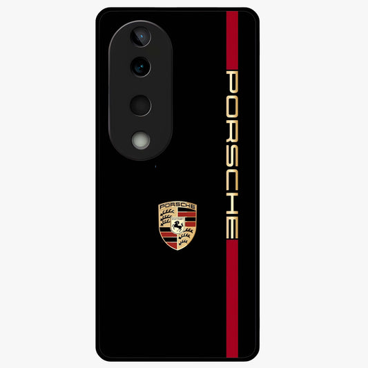 Black Minimal Porsche Glass Case showing flat back view with sleek minimal sports car artwork and glossy glass finish.