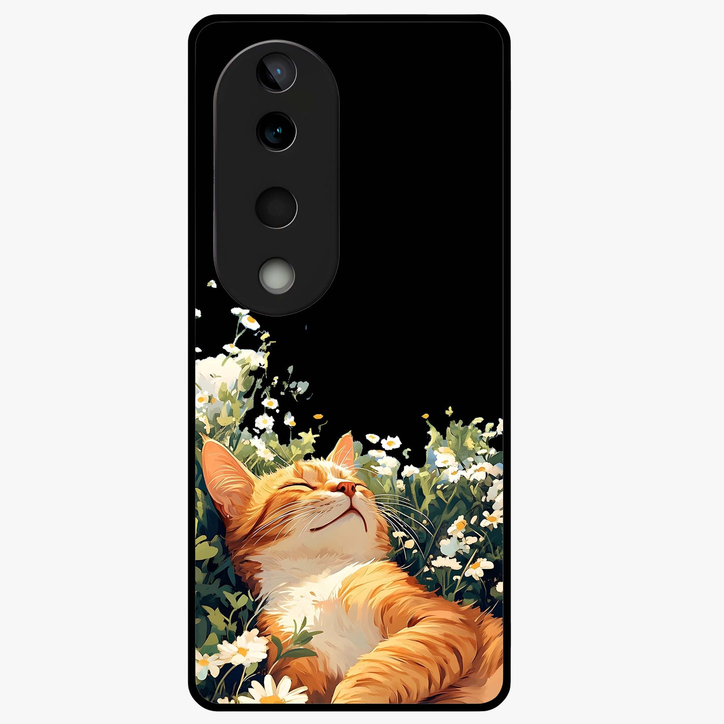 Blissful Bloom Cat Glass Case showing flat back view with cute cat and floral bloom artwork and glossy glass finish.