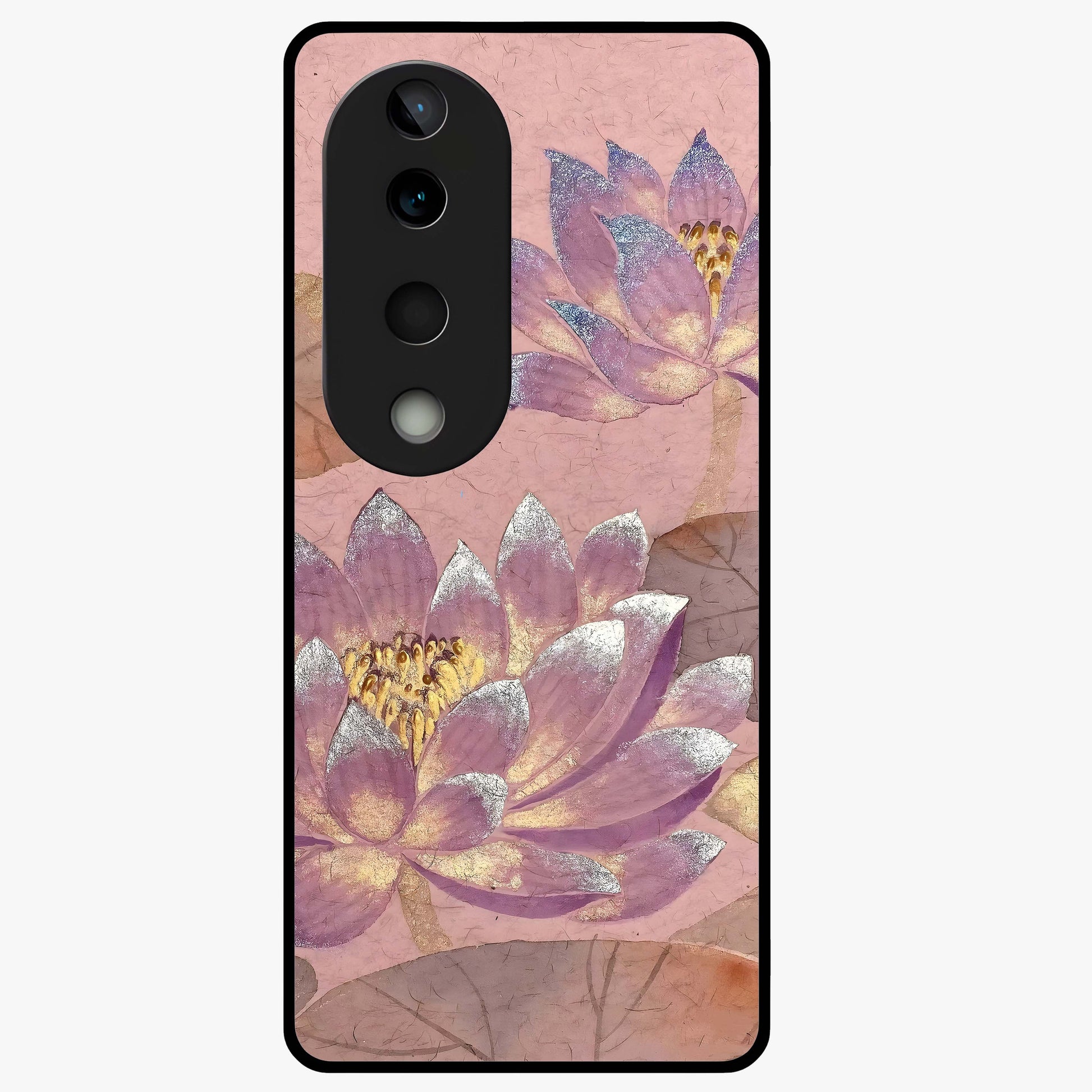 Blossom Mist Lotus Glass Case showing flat back view with serene lotus blossom artwork and glossy glass finish.