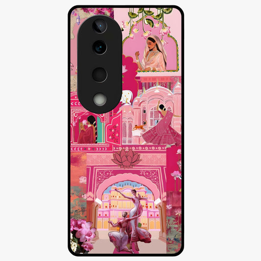 Blossoms of Rajasthan Glass Case showing flat back view with traditional floral artwork inspired by Rajasthan and glossy glass finish.